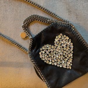 Stella McCartney Falabella crystal heart tiny black cross body bag